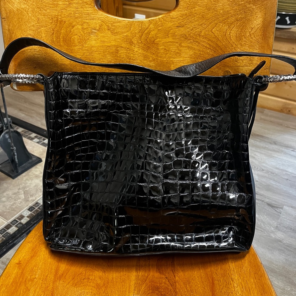 Brighton Cher black patent leather croc embossed shoulder bag